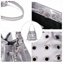 Damen Nieten Eimer Tasche, Handtasche, Umhängetasche, Umhängetasche, Abendtasche mit Magnetverschluss. Quadratisches & rundes Nieten Design, Punk Stil Unterarmtasche mit abnehmbarem Schultergurt, geeignet für Dates, Pendeln, Schule, Reisen, Einkaufen, Essen gehen - Silber - Übersicht 7