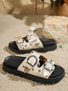 Solid Color Double Strap, Rivet, New Fashion Metal Buckle Decor, Open Toe, Platform Thick Sole Slippers, Comfortable & Versatile Beach Sandals, Suitable For Daily Wear - White - View 5