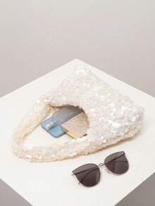 Solid Fluffy Soft Candy Color Satchel Bag, Y2K Style Faux Fur Tote Bags For Ladies, Party Bag, Party Dresses For Women, Winter Fur Purse, Suitable For Commuting, Work, Gatherings, Parties, Perfectly Matching With Fall Outfits Womenfall Clothes For Women, New Arrival Fur Bag For Women - 米色 - 查看 4