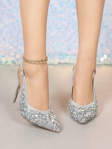 女士奢华优雅水晶高跟鞋，透明水晶高跟鞋，全镶钻尖头设计，纤细高跟，舒适贴合。闪耀夺目的水晶，适合派对、聚会、舞会、购物、各种场合和节日，展现优雅时尚百搭的风格，舒适的高跟鞋，闪亮水晶装饰高跟凉鞋。 - 銀色 - 查看 3