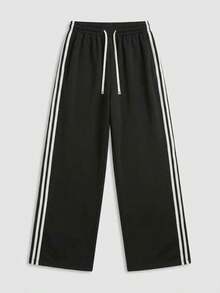 Women's Casual Black Straight Leg Sweatpants With White Side Stripe, Pockets, Knit Fabric, Loose & Comfortable, Aesthetic - Black - View 9
