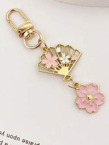 One Cute And Sweet Cherry Blossom Fan Keychain, Key Ring, Bag Pendant Accessory Gift - quạt gõ cửa - Xem 9