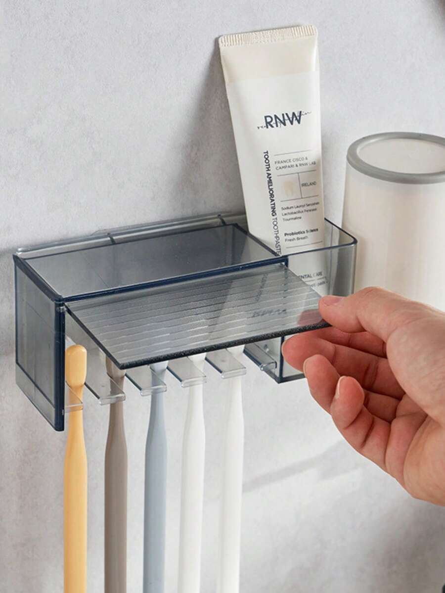 1pc 5-Slot Plastic Toothbrush Holder With Cover, Wall-Mounted Toothbrush Storage Rack Self-Adhesive No Drilling Toothbrush Organizer Holder For Toothpaste And Bathroom - Multicolor - View 1