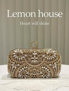 1件奢华金色亮片镂空水钻装饰手提包，女士晚礼服手拿包，时尚优雅正式派对钱包，新娘婚礼包，适合盛大晚宴、婚礼、派对、音乐节等场合，是送给女性的最佳礼物。 - 金色 - 查看 1