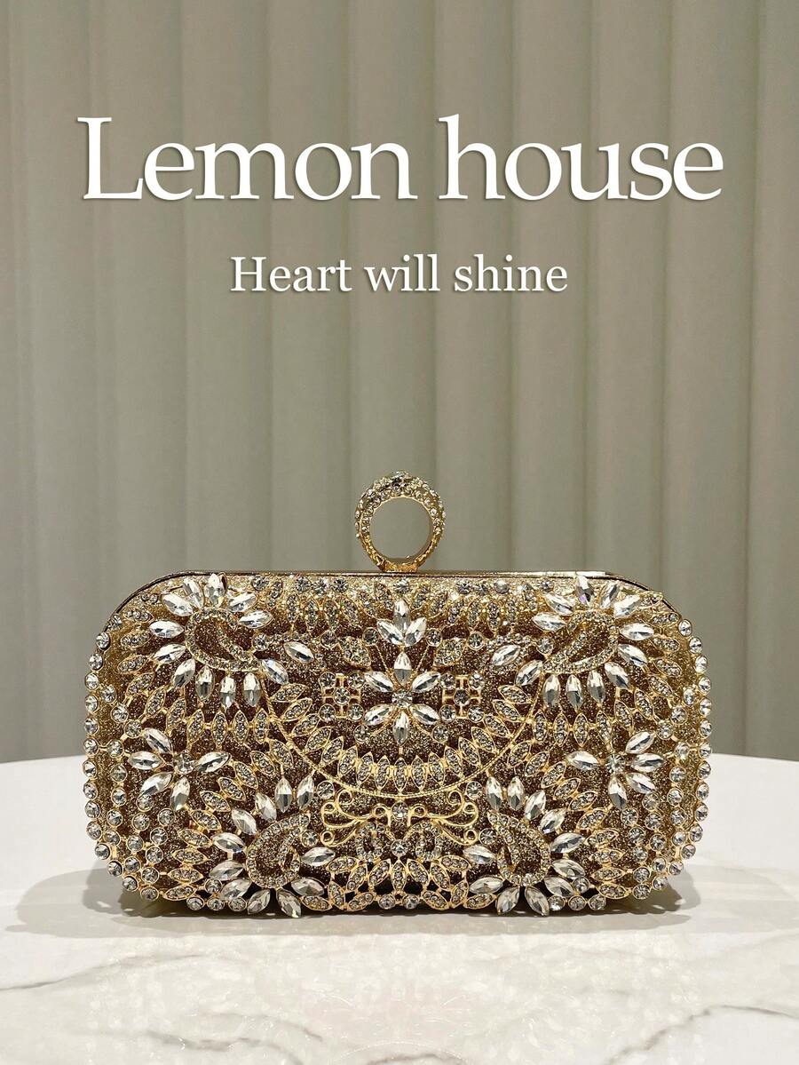 1件奢华金色亮片镂空水钻装饰手提包，女士晚礼服手拿包，时尚优雅正式派对钱包，新娘婚礼包，适合盛大晚宴、婚礼、派对、音乐节等场合，是送给女性的最佳礼物。 - 金色 - 查看 1