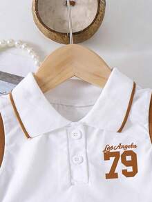 Tween Girls' Summer Casual Sports Collegiate Numeric & Letter Print Polo Collar Tank Top And Pleated Mini Skirt Set - White - View 3