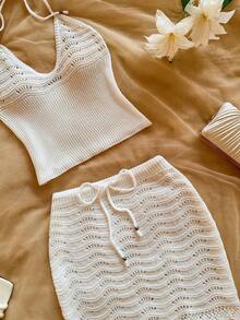 MORI 2026 Spring/Summer New White Lace-Up V-Neck Sleeveless Top And Pencil Skirt Knit 2-Piece Set, Wavy Hollow Texture, Knit Fabric, Y2K Fresh Vacation Style, American Sexy Elegant, Summer Vacation, Beach Walk, Music Festival, Travel, Daily Wear - White - View 6