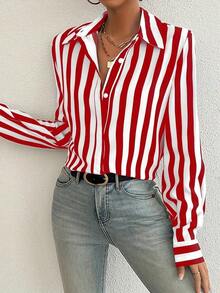 Contrast Color Block Striped Button Front Women Shirt, Loose Striped Blouse For Women Slimming Vintage Niche Versatile Top, Suitable For Daily Life And Valentine's Day - Đỏ - Xem 6