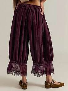 Bloomers Pants For Women Y2K Lace Trim Pants Vintage Pantaloons Cute Ruffled Pumpkin Long Pants Capri Pajama Bottoms - 酒紅色 - 查看 2