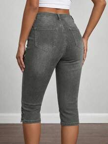 Jkorea Women's High Waisted Button Hem Capri Jeans - Grey Slim Fit Cropped Denim Pants Aesthetic Minimalist - 灰色 - 查看 2