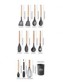 12pcs Wooden Handle Silicone Kitchenware Set, With Holder, Non-Stick Cooking Spatula, Scraper & Stirring Spoon Set, Kitchen Utensils Set With Wooden Handle For Nonstick Cookware, Cooking Utensils Set, Ladle, Spoon, Spatula, Tong, Heat-Resistant & Non-Scratch, Non Smell & Healthy, For Cooking & Baking & Frying & Stirring - MultiWarna - View 10