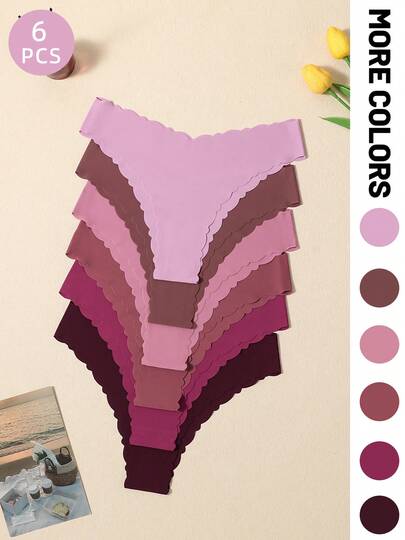 6pcs Women's Panties Set - Gradient Purple Tone: Soft Pink To Deep Purple Gradient Color Scheme Enveloped In A Gentle Atmosphere, With Ruffled Edges Accentuating The Delicate Details Of Women's Underwear
