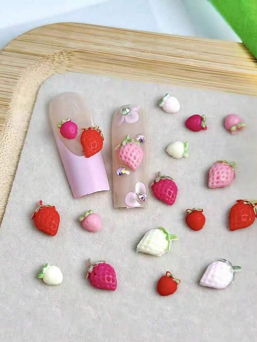50pcs Cute Strawberry Nail Art Decorations, 3D Pastel Pink Realistic Fruit Nail Jewelry, Nail Accessories - Multicolor - View 1