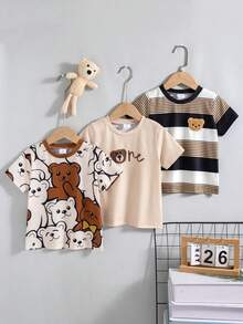 Bộ 3 áo thun ngắn tay kẻ sọc và in hình hoạt hình dành cho bé trai, thích hợp mặc mùa hè. - Nhiều màu - Xem 1