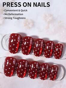 24片装短款椭圆波点和红色猫眼美甲贴片套装，包含：1片果冻胶和1把指甲锉。水晶猫眼美甲和情人节美甲让您的指尖闪耀动人，适合女性和女孩日常工作和派对佩戴。美甲用品 - 紅色 - 查看 4