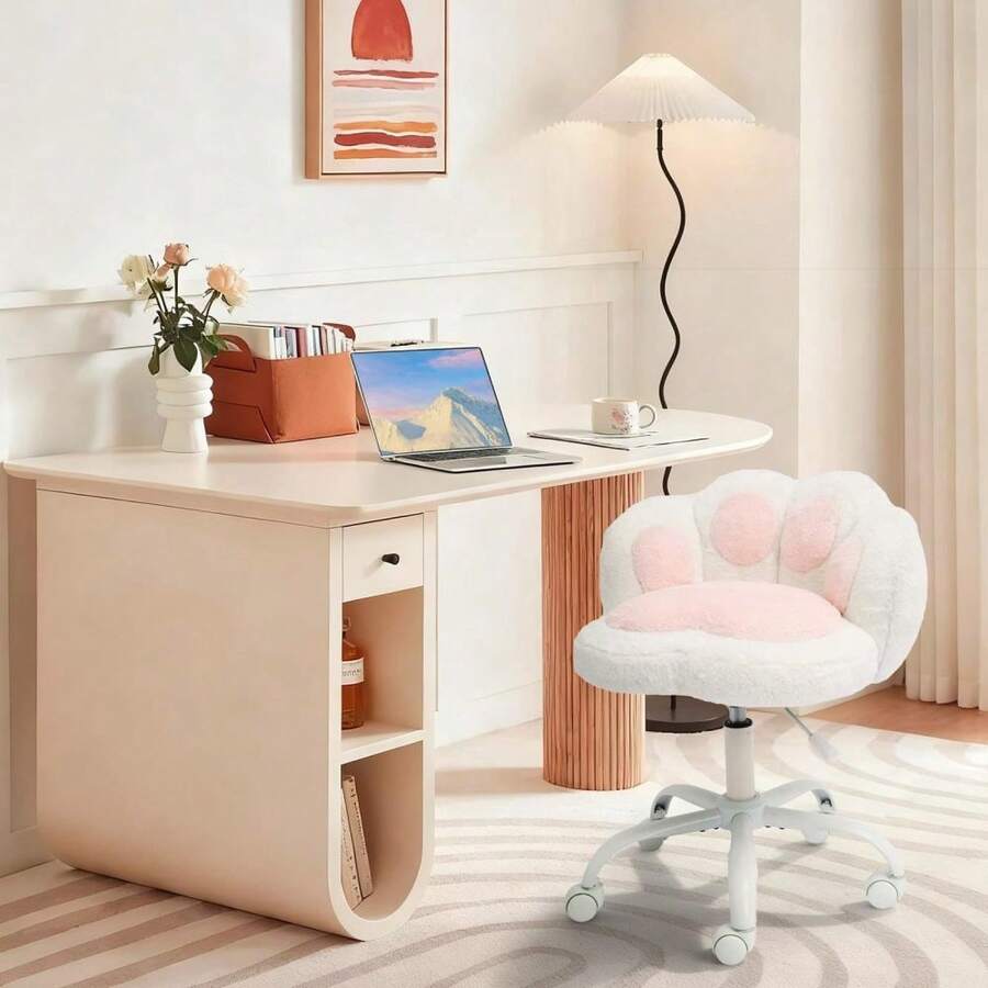 Adorable sillón de tocador con forma de pata de gato, asiento de felpa sin brazos y ruedas, tapizado para oficina en casa, para niñas y mujeres, altura ajustable, respaldo medio, giratorio, para sala - Blanco - Ver 1