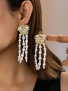 Elegant Luxury Elegant Faux Pearl Tassel Design With Full Diamond Lion Element Women's Charming Jewelry Set, Suitable For Wedding/Banquet, Exquisite Maximalism Accessories That Shine Among The Crowd - Multicolor - View 3