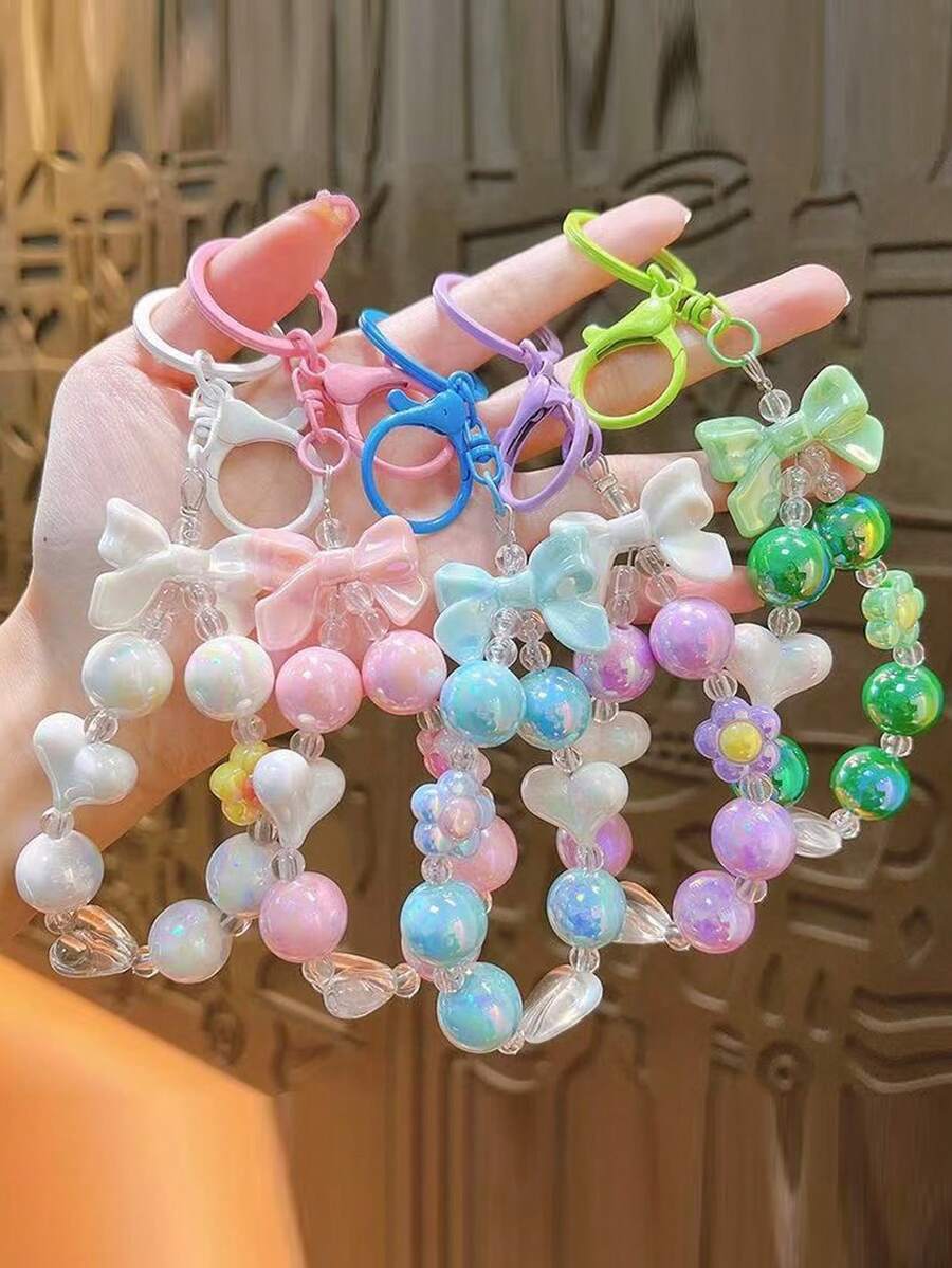 1pc Creative Pastel Color Beaded Keychain With Butterfly & Heart Charms, Cute Accessory For Bags - A - View 1