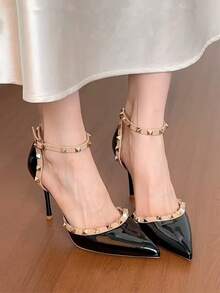 铆钉尖头黑色高跟鞋，亮面皮革时尚细高跟猫跟鞋，仙女风尖头露跟凉鞋，性感优雅高跟鞋，春秋季 - 黑色 - 查看 3