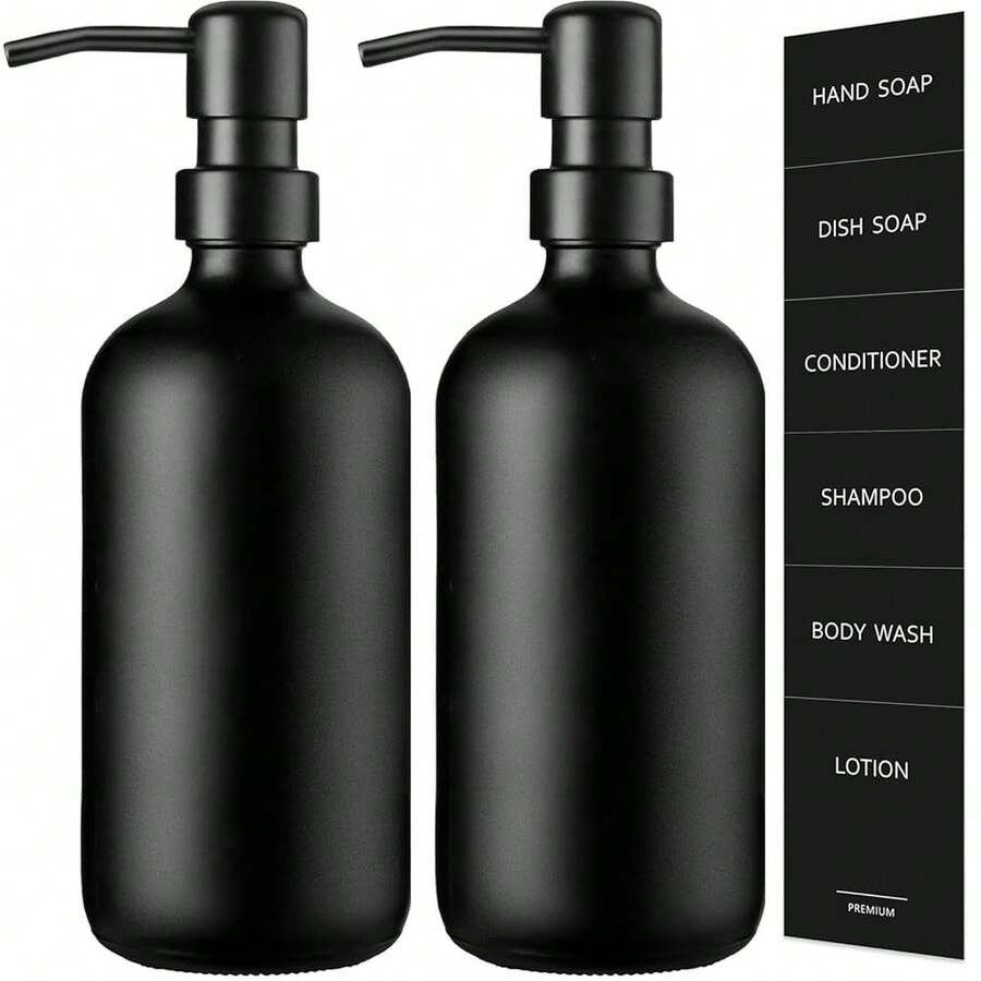 GMISUN Black Soap Dispenser, 2 Pack Matte Black Hand Soap Dispensers Bathroom With Stainless Steel Pump, 17 Fl Oz Glass Dish Soap Dispenser Set For Kitchen, Modern Liquid Soap Bottle With Labels - 黑瓶+黑泵 - 查看 1