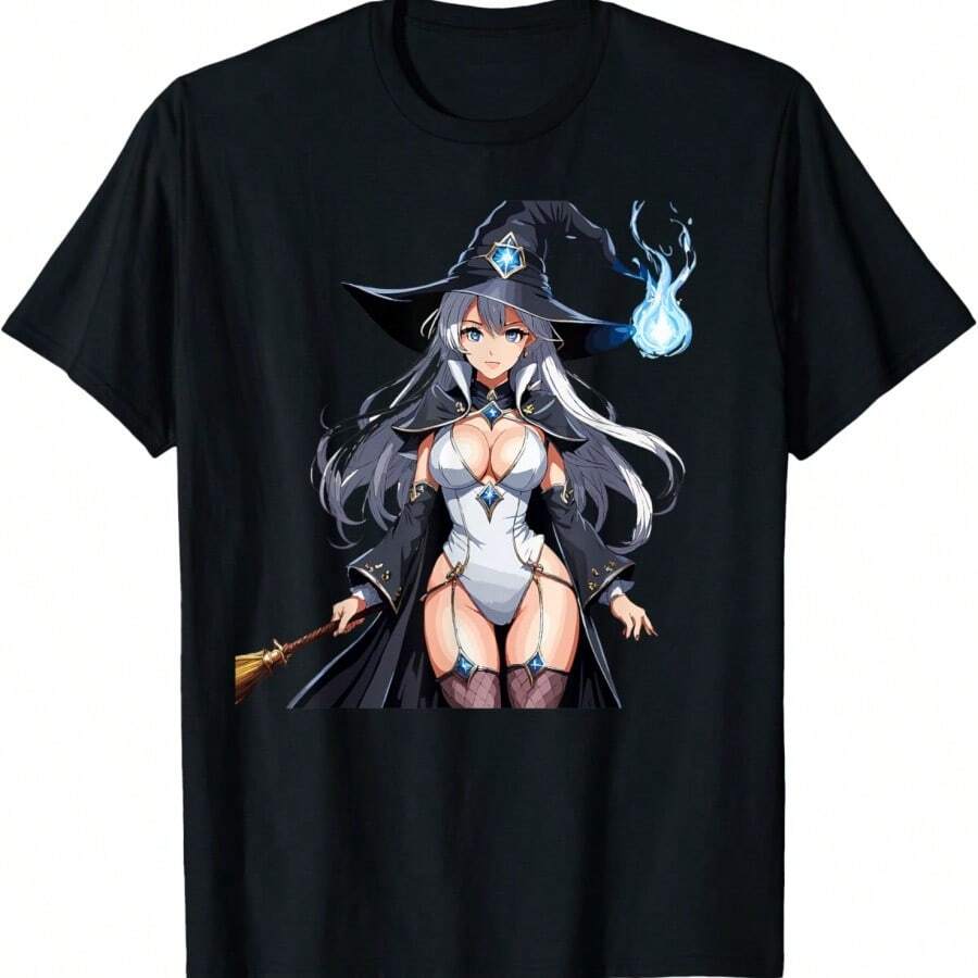 Sexyys Waifu Wizard Anime Girl Japanese In Black And White Art T-Shirt - Black - View 1