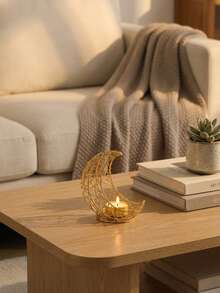 1Pc/Set Double-Arched Woven Star And Moon Metal Candlestick. Made Primarily From Metal Wire, This Candlestick Features A Minimalist Modern Design. Its Shape Is A Double-Layered Interwoven Crescent-Shaped Hollow Lattice Frame, Paired With A Circular Base, With Small Candle Trays Embedded In The Details - Multicolor - View 4