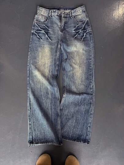 Men's Dark Blue Distressed Washed Loose Baggy Jeans, Vintage Retro Oversized Wide Leg Denim Pants With Rugged Texture, Streetwear Style