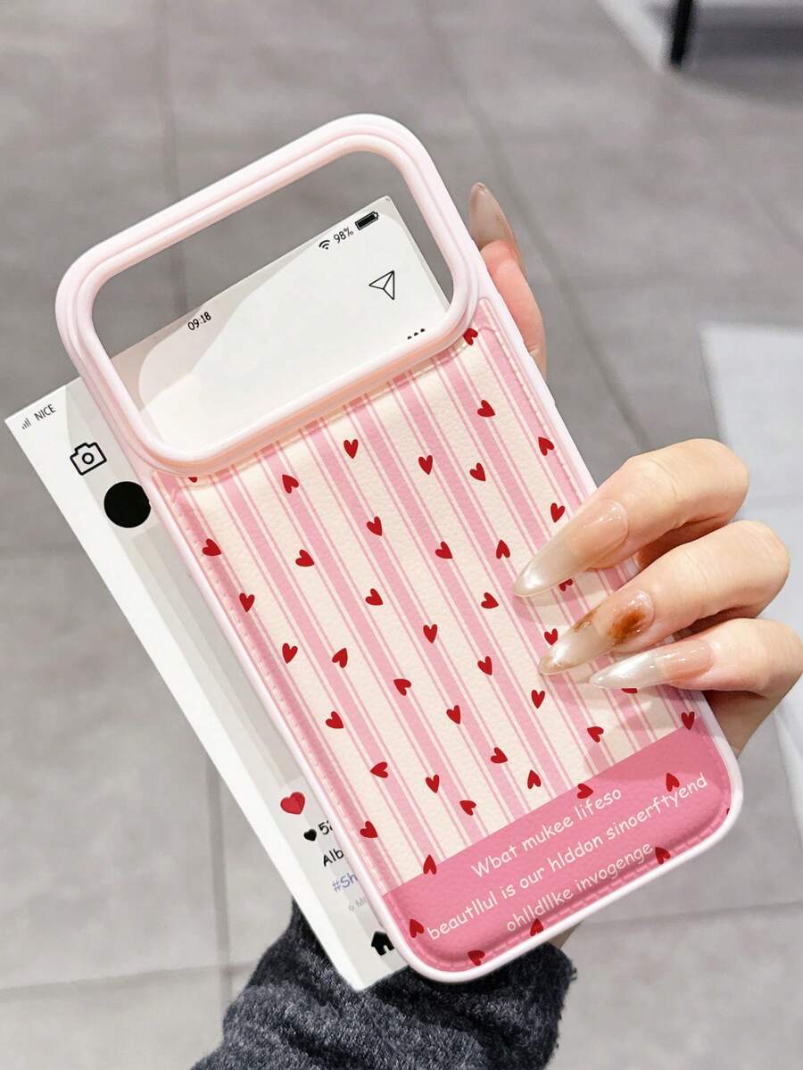 1pc Cute Red Heart & Striped Design Padded Shockproof Textured Phone Case, Suitable For Women's Daily Use, Fashionable Phone Case Compatible With IPhone 15/16 Pro/16/16 Pro Max/15 Pro Max, Apple 17/17 Pro/17 Pro Max, 13/13 Pro/13 Pro Max/14/14 Pro Max - Multicolor - View 1
