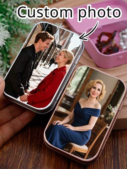 Individuelle Metallbox mit Fotos, personalisierte kleine Aufbewahrungsbox, anpassbare Ornament-Aufbewahrungsbox, anpassbare Fotobox, Valentinstag Geschenke, Reiseaccessoires, Schmuckaufbewahrungsbox für Ringe, Ketten, Braut und Bräutigam, Schlafzimmer, Freundin, Ehefrau