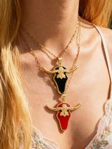 1pc Unique Minimalist Gold Titanium Steel Imitation Shell Carved Bull Head Women's Necklace Minimalist Elegance Women's Charm Jewelry Gold Jewelry Western Cowboy Style Valentine's Day Gift New Year Gift Birthday Gift For Friends Sisters Mom - Multicolor - View 2