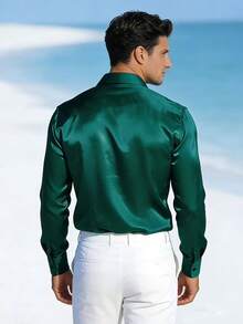 Spring New Men's Long Sleeve Shirt, American Satin Casual Shirt, Classic Glossy Nightclub Bar Elegant Shirt - Dark Green - View 5