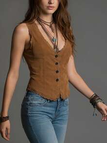 Women's Brown V-Neck Contrast Lace Backless Camisole Casual Spring - Earthy Yellow - View 5