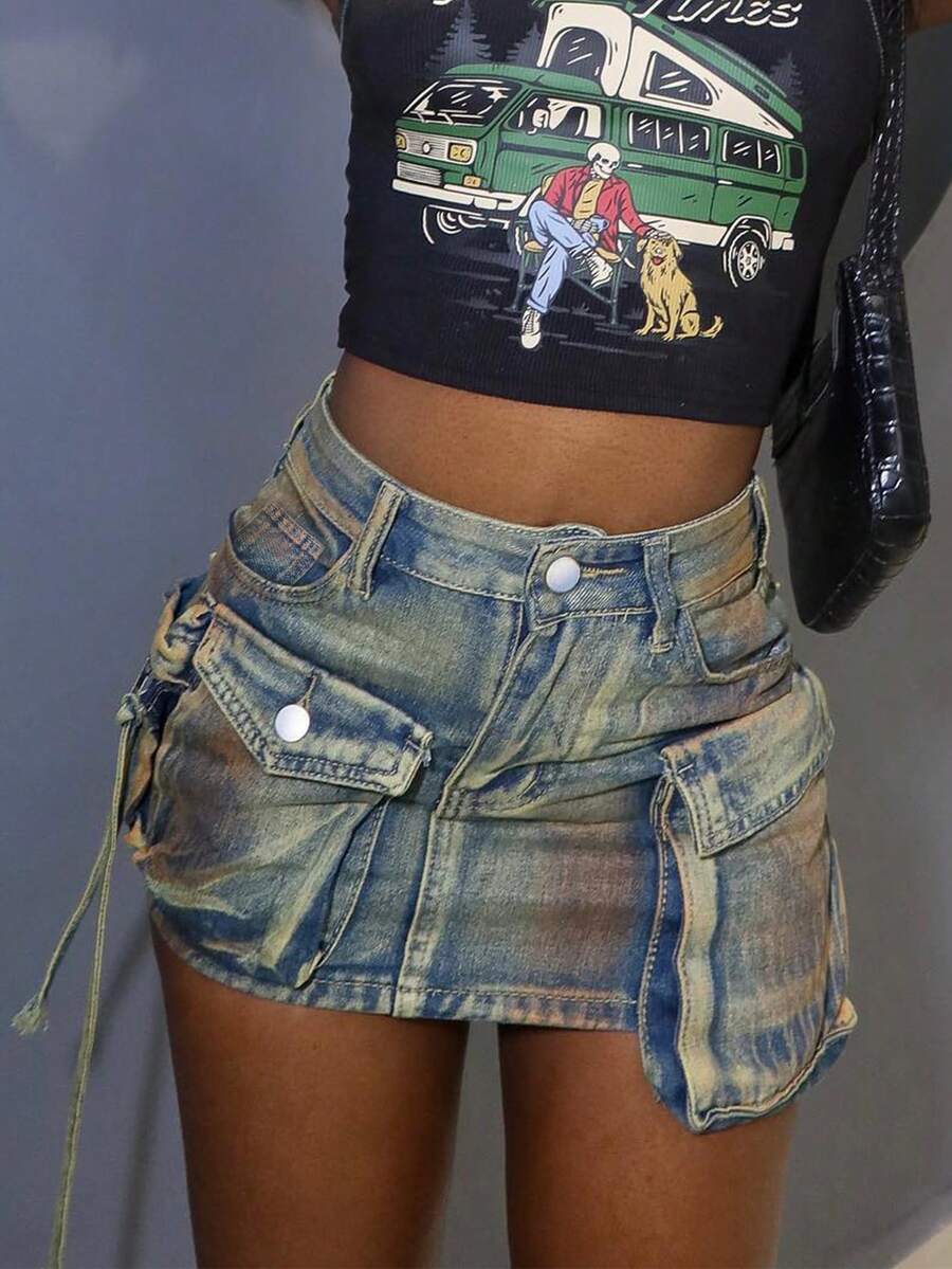 青春活力、大胆个性的休闲牛仔紧身迷你裙 - 彩色 - 查看 1