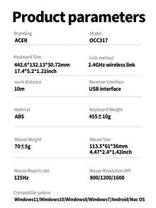 Juego de teclado y ratón inalámbrico ACER OCC317, diseño minimalista de oficina, teclado ligero + ratón silencioso, receptor 2.4G plug and play, larga duración de la batería, adecuado para oficina, portátiles de negocios, ratón compacto, funcionamiento silencioso, dispositivo plug and play, entusiastas de la tecnología - Negro - Ver 12