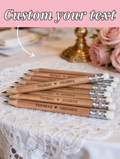 Personalized Engraved Vintage Wooden Wedding Favor Pencils - Natural Wooden Pencils (Length 4 Inches, Diameter 0.3 Inches) Can Be Customized With Bride And Groom Names/Date (E.G. "Thomas ❤ Arianna", "Erlinda & Alexander", "Leonard Benjamin"). Ideal For Rustic Wedding Favors, Gift Bags, Gift Boxes And Tags. Suitable For Newlyweds And Outdoor Celebrations.