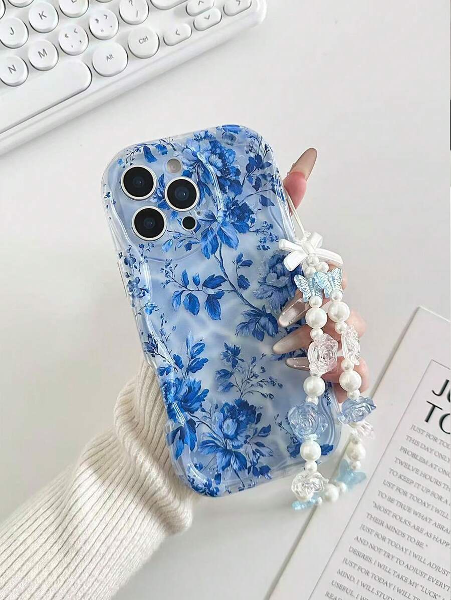 蓝色花卉奶油纹理透明亮面卡通彩绘手机壳，带链条，兼容 14、14 Pro、14 Pro Max、13、13 Pro、13 Pro Max、11、11 Pro Max、12、12 Pro、12 Pro Max、XR、XS、15、15 Pro、15 Pro Max、16、16 Pro、16 Pro Max、17、17 Pro、17 Air、17 Pro Max、Galaxy S24、A04、A12、A13、A14、A23、A24、A32、A33、A51、A52、A53、A54、A72、Redmi 9、Redmi 9A，防震手机保护套 - 彩色 - 查看 1