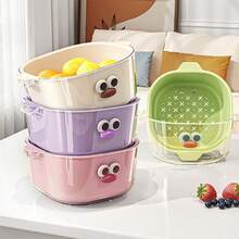 1pc Cute Dopamine Dual Layer Plastic Fruit & Vegetable Washing Colander, 2-In-1 Thickened Kitchen Cleaning Basket - Multicolor - View 9
