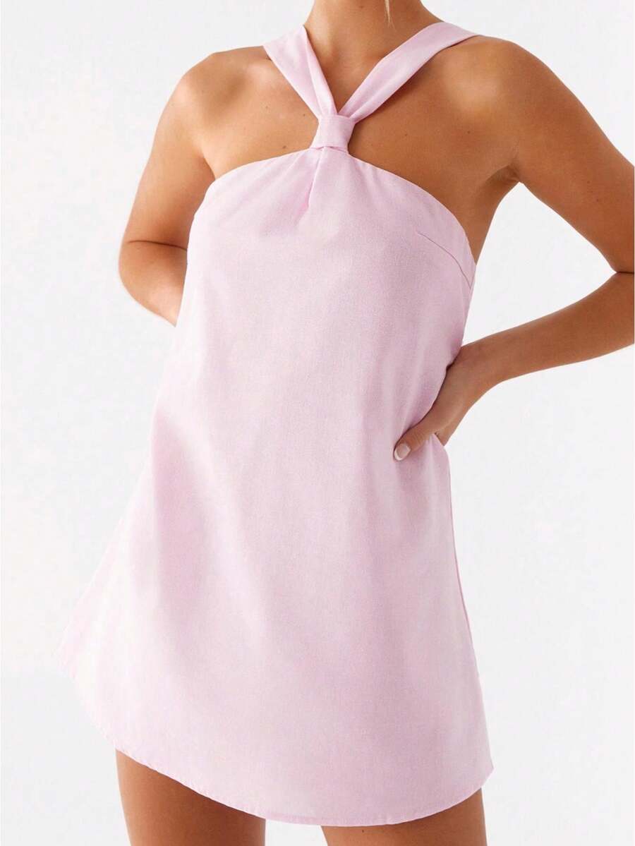 Women's Cream Yellow Halter Neck Mini Dress - Knotted Neck Detail Sleeveless Lightweight Fabric Feminine Stylish Casual Summer Date Wear(S-L) - 粉色 - 查看 1