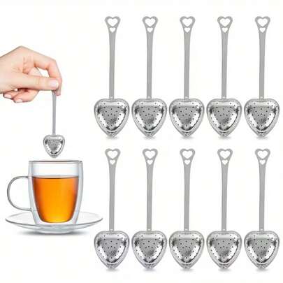 10pcs Portable Stainless Steel Tea Infuser, Heart-Shaped Long Handle Tea Leaf Filter, Suitable For Loose Leaf Tea, Stainless Steel Spice Ball, Leak-Proof Tea Maker, Fine Mesh Tea Strainer With Handle, Heart-Shaped Filter Spoon, Loose Leaf Tea Maker, Convenient And Practical, Suitable As Gifts For Ladies, Valentine's Day, Wedding, Tea Party Accessories, Kitchen Essential, Back To School Essential