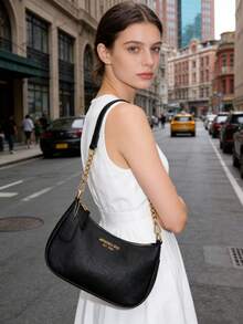 New Fashion Classic Versatile Letter Graphic Decor Solid Color Waterproof PU Fabric Shoulder Bag, Crescent Bag, Underarm Bag, Suitable For Shopping, Can Be Worn Crossbody. Decorated With Cherry Pendant, Crescent Bag For Summer, Suitable For Beach Vacation, Back To School Season, Women Wallet. - màu đen - Xem 3