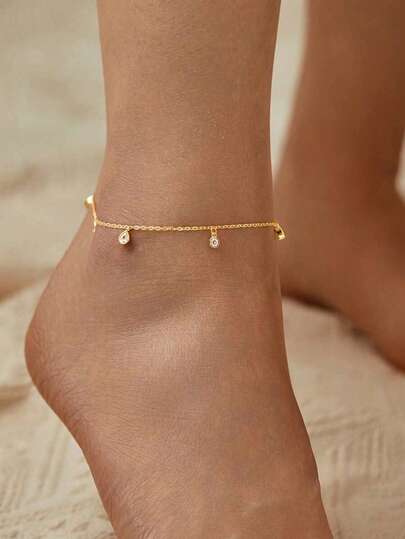 1件S925纯银优雅水滴形和圆形吊坠脚链，百搭度假佩戴及女士礼物