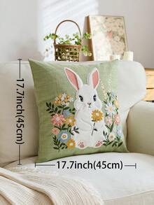 1件复活节绿色兔子与野花刺绣抱枕套，春季花卉抱枕套，适合室内装饰，春夏装饰枕套，不含枕芯 - 綠色 - 查看 4