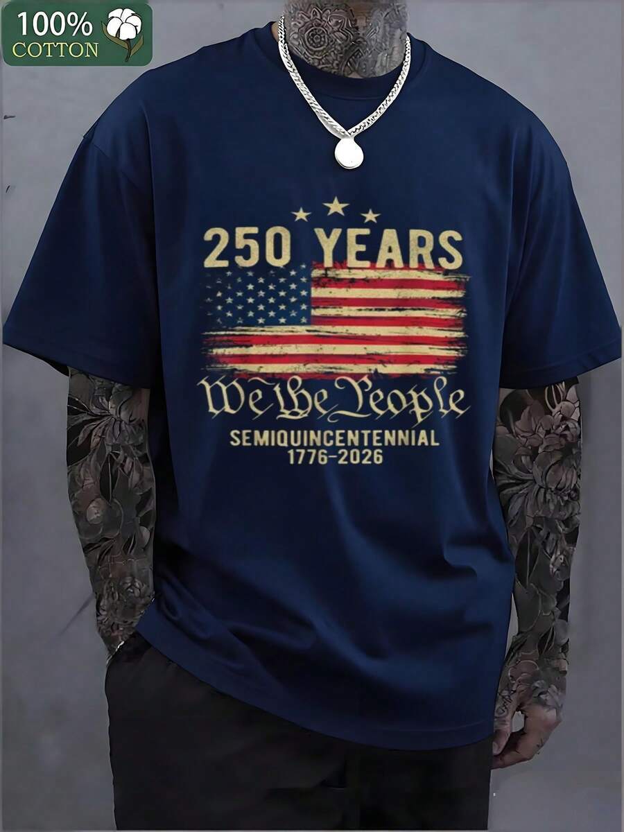 100% Cotton Vintage 250 Years T - Shirt, Faded Distressed American Flag Stars And Stripes Design, 'We The People' And 'SEMIQUINCENTENNIAL 1776 - 2026' Text, Celebrating 250th Anniversary Of America - 藏蓝色 - 查看 1