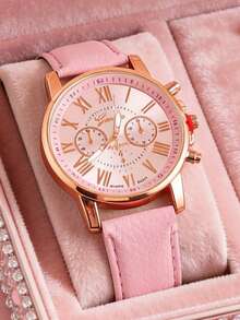 7pcs Set: Pink PU Leather Women's Watch, Clover Bracelet, Necklace, Earrings And Ring - Pink - View 3