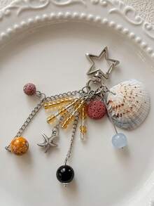 1个手工制作的海星贝壳包饰，浪漫复古金色串珠吊坠，海洋风钥匙扣 - 銀色 - 查看 5