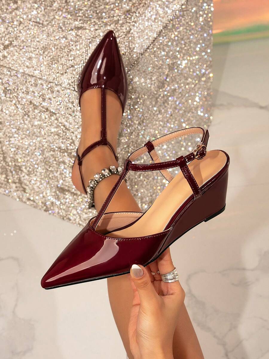 女士坡跟凉鞋，性感绑带高跟鞋 - 酒紅色 - 查看 1