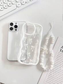 奶油色纹理波浪边亮面蝴蝶结装饰彩绘防摔手机壳，配串珠手链配件，兼容、红米手机 - 彩色 - 查看 4