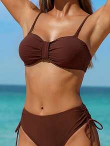 Women's Summer Beach Full-Print Floral Spaghetti Strap Bikini Set, 2pcs Vacation - Brown - View 4