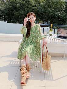 [Y6Y] Đầm nữ màu xanh lá cây dáng suông họa tiết hoa, cổ tròn tay dài, trang phục thường ngày đi nghỉ dưỡng, dự tiệc ngoài trời thanh lịch mùa xuân - màu xanh lá - Xem 9