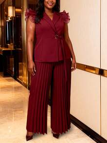 Plus Size Women's Burgundy 2-Piece Set For Office/Valentine's Day, Featuring Ruffle Sleeve Blazer With Belt And Wide Leg Pleated Pants, Elegant Suit Set - Burgundy - View 3